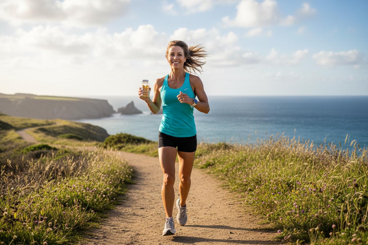 Fit 40+ person running with supplements
